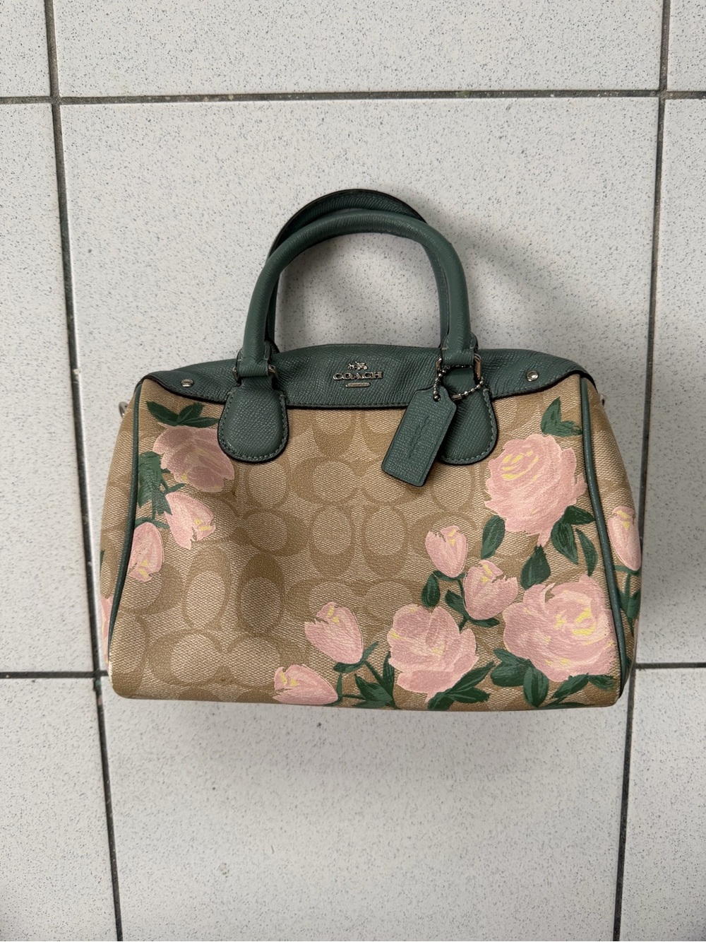 Coach Floral Signature Satchel in Green and Pink